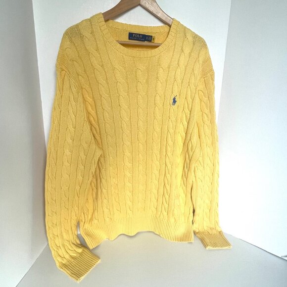 Polo Ralph Lauren Mens XL Yellow Cable Knit Cotton Crewneck Sweater Pony NWOT - Picture 3 of 9
